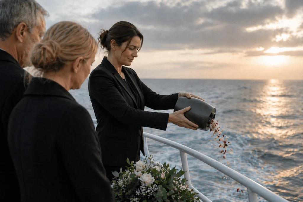 Seebestattung Hamburg – Abschied auf See bei Sonnenuntergang Seebestattung in Hamburg – würdevolle Beisetzung auf See mit Begleitung der Angehörigen