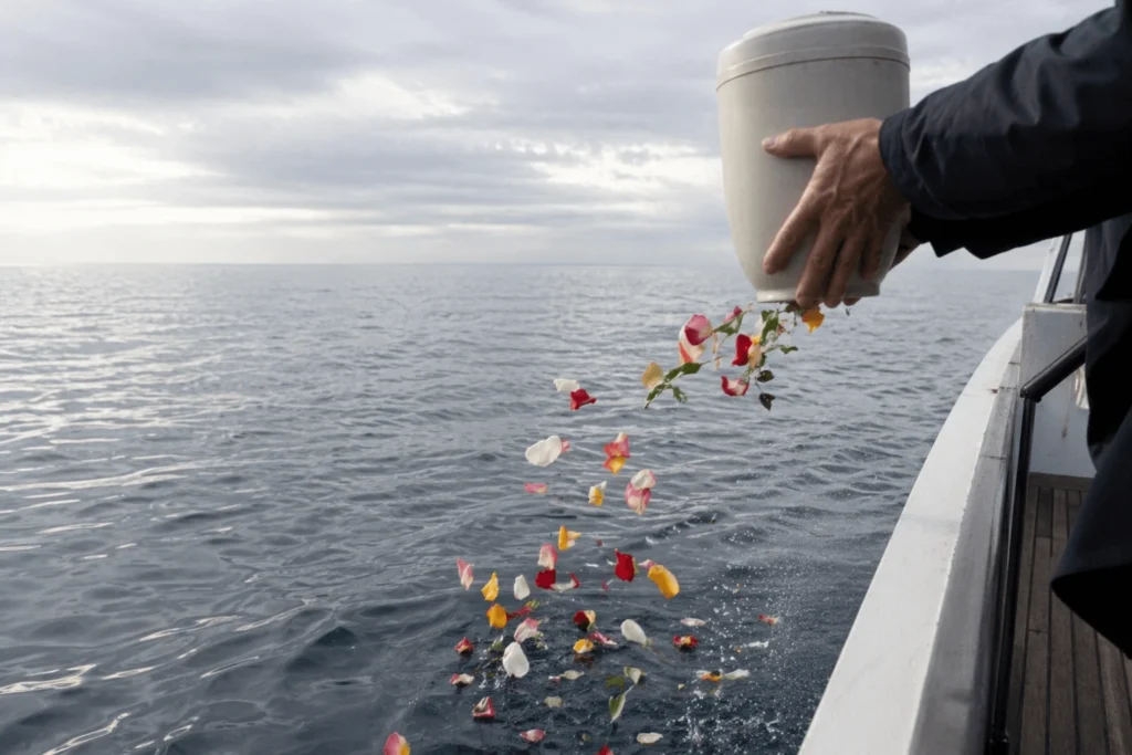 Seebestattung in Hamburg – Abschied auf dem Meer Seebestattung in Hamburg – Urne wird im Meer beigesetzt mit Blumen